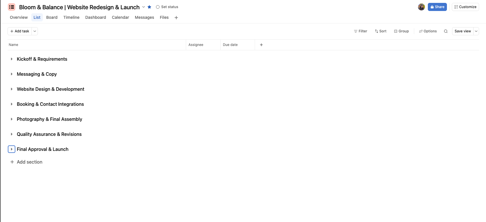 Original project structure in Asana.