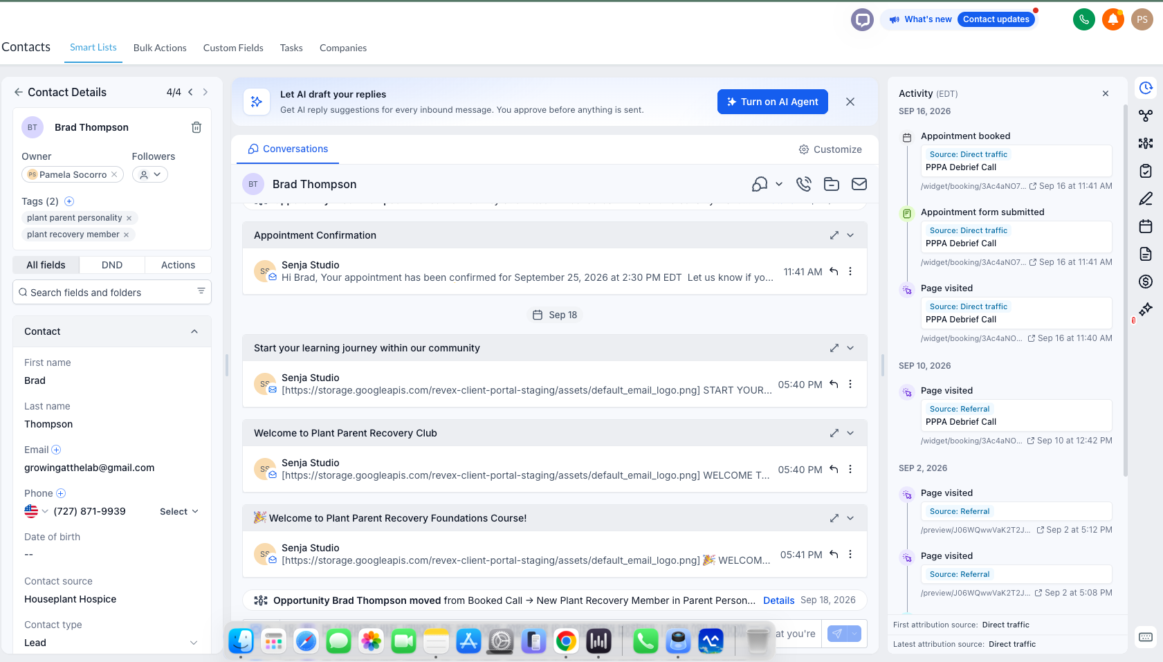 A booked prospect enters the CRM with appointment activity, communication, and opportunity history in one record.