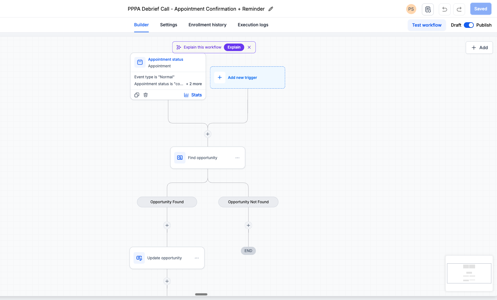 Published appointment workflow: find and update the opportunity.