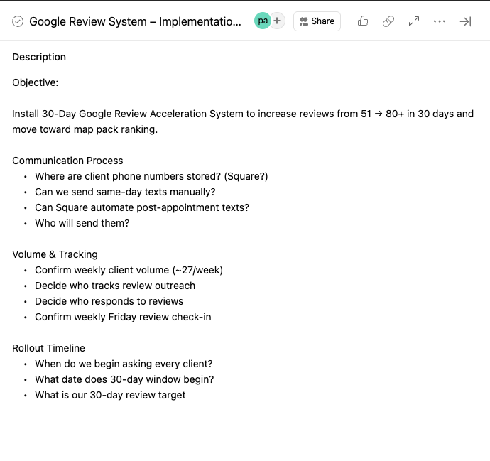 The original Asana brief documents the 51-review baseline, 80+ target, communication requirements, and implementation planning.