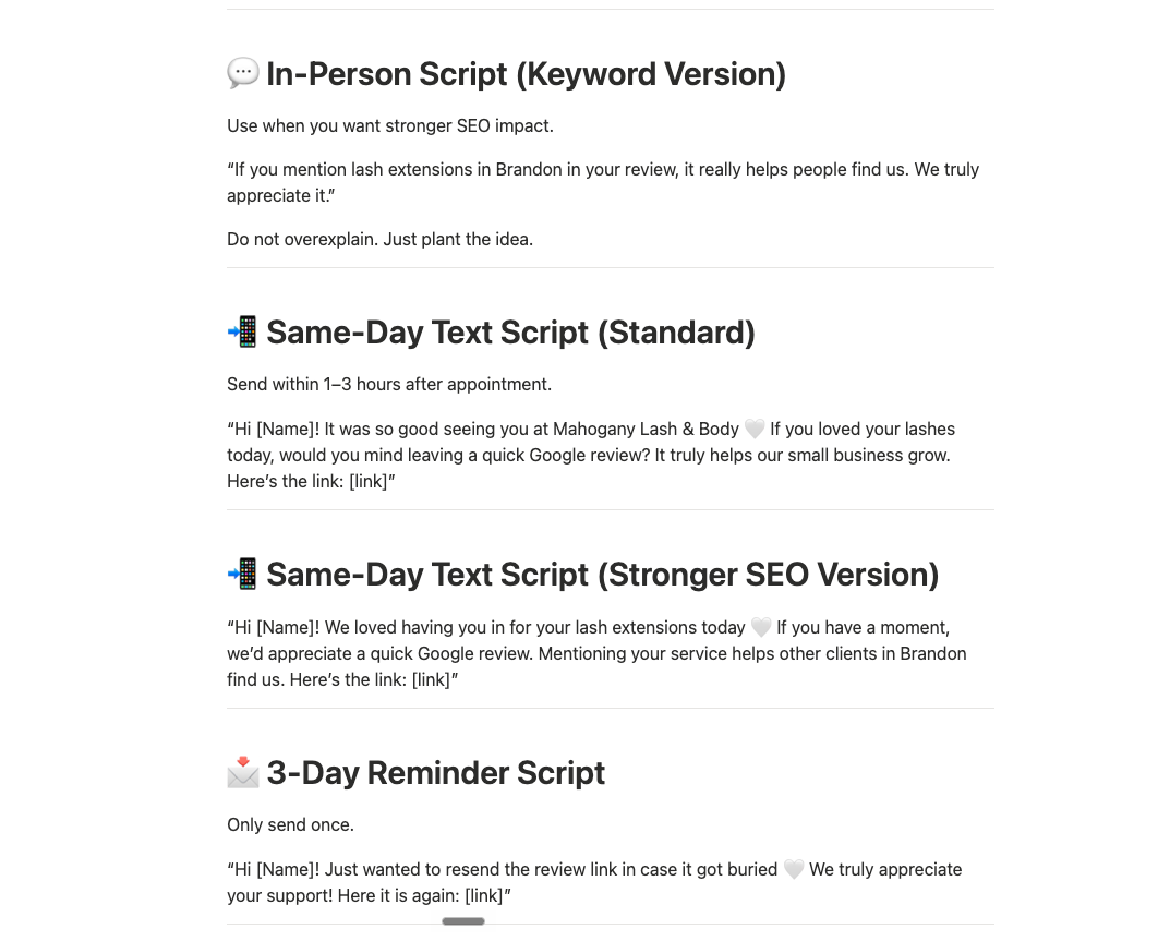Customer communication templates developed as part of the Google Review Acceleration System.