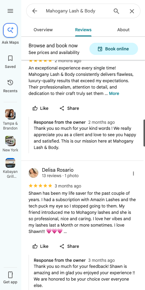 Actual customer reviews and responses from the business owner. The image is shown as supplied; individual reviews are not attributed to the SMS automation.