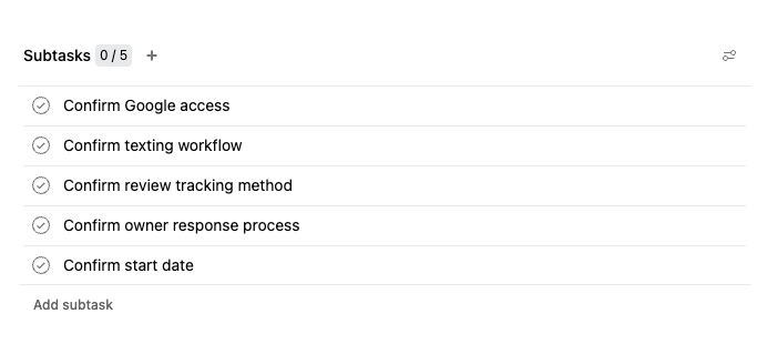 Asana implementation subtasks for the Mahogany Lash & Body Google Review Acceleration System