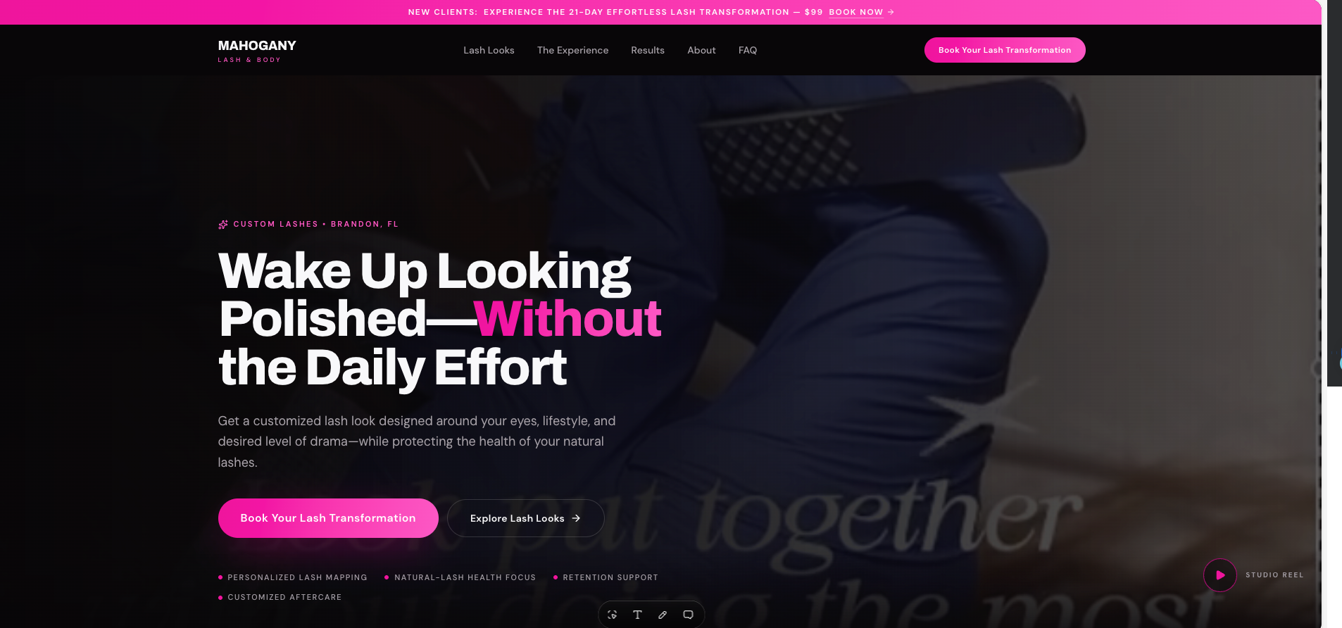Mahogany Lash & Body website redesign with a clear first-time-client offer and booking pathway